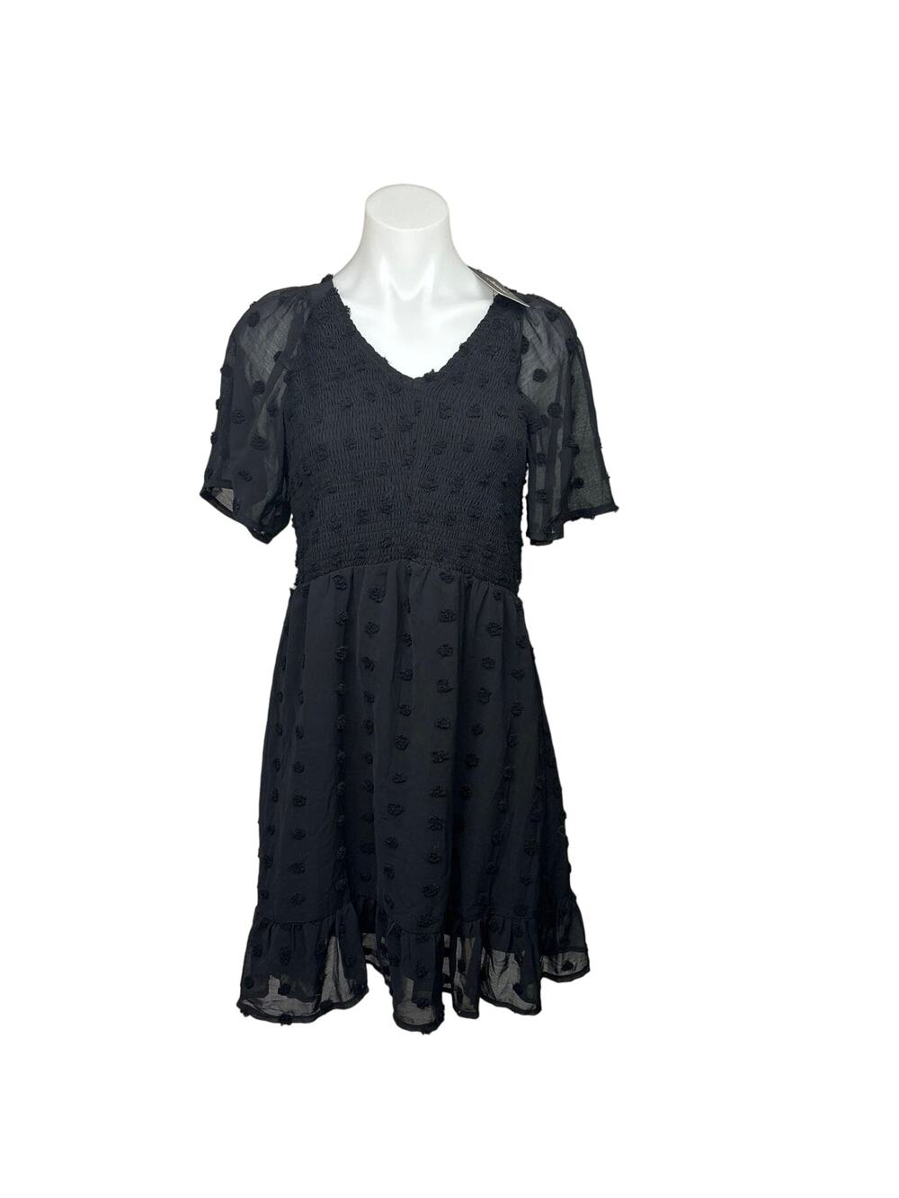 Zattcas NWT Black Sheer Flutter Ruffle Sleeve Polka Dot Smocked Mini Dress Sz M